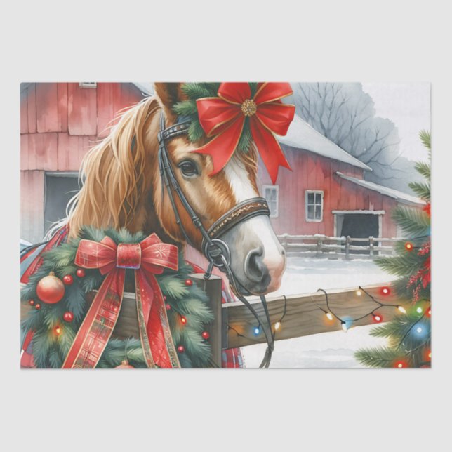 Pretty Brown Horse in Red Bow Christmas Tissue Paper (Front)