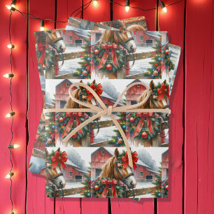 Pretty Brown Horse in Red Bow Christmas Wrapping Paper Sheet