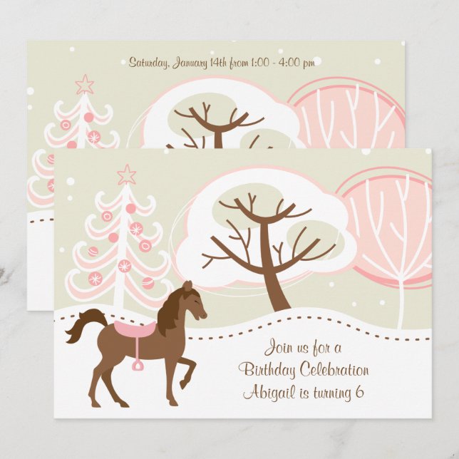 Pretty Brown Horse Snowy Winter Birthday Party Invitation (Front/Back)