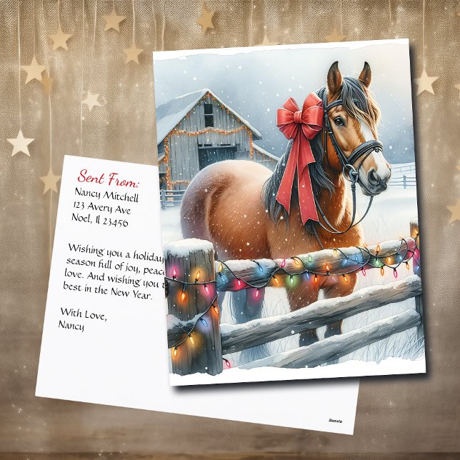 Pretty Brown Horse with Bow And Barn Christmas Postcard (Creator Uploaded)