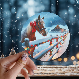 Pretty Brown Horse with Bow Christmas Classic Round Sticker