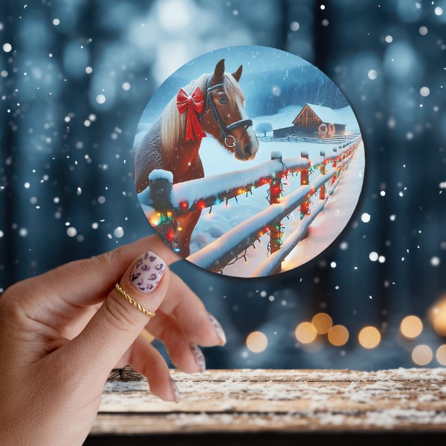 Pretty Brown Horse with Bow Christmas   Classic Round Sticker (Creator Uploaded)