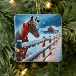 Pretty Brown Horse with Bow Christmas Personalised Ceramic Ornament