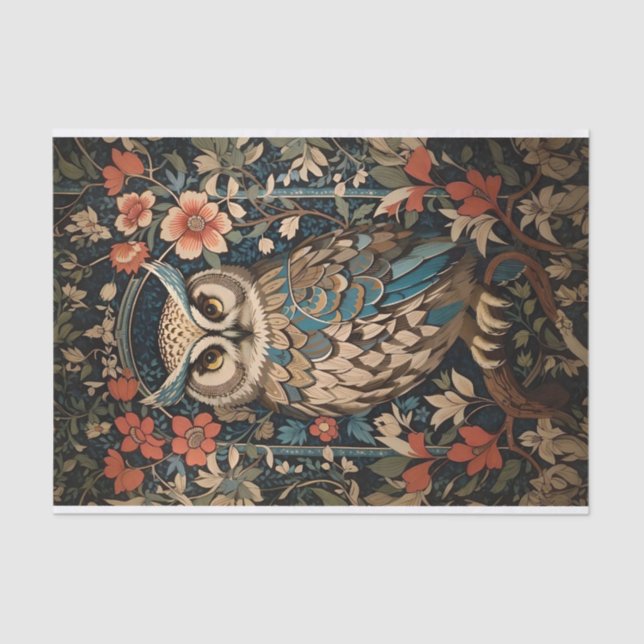 Pretty Brown Owl William Morris Inspired Floral  Tissue Paper (Front)