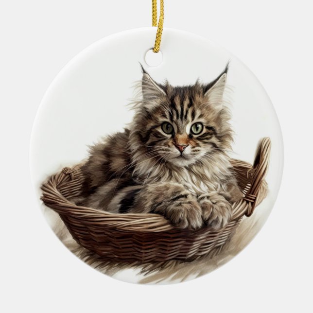 PRETTY BROWN TABBY MAINE COON CAT IN CAT BED CERAMIC ORNAMENT (Front)