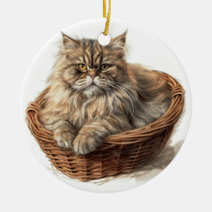 PRETTY BROWN TABBY PERSIAN CAT IN CAT BED CERAMIC ORNAMENT