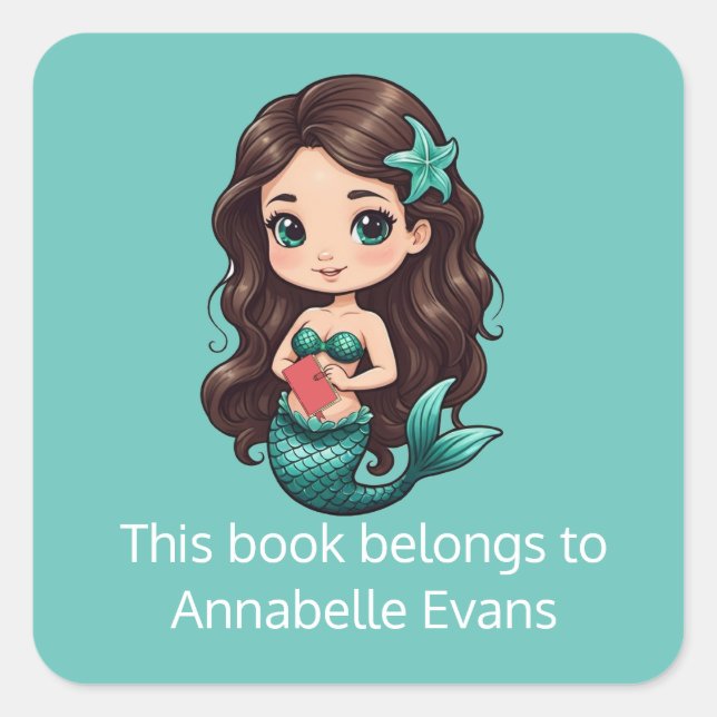 Pretty Brunette Mermaid Bookplate Sticker (Front)