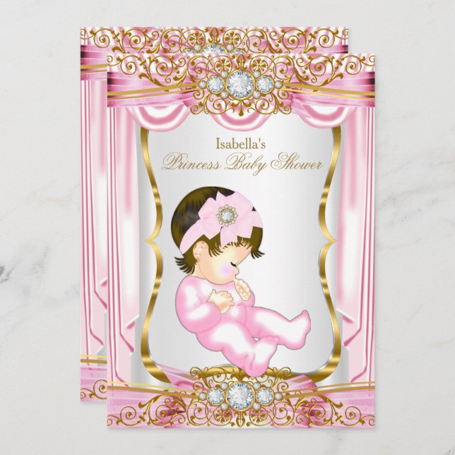 Pretty Brunette Princess Baby Shower Pink Silk Invitation (Front/Back)