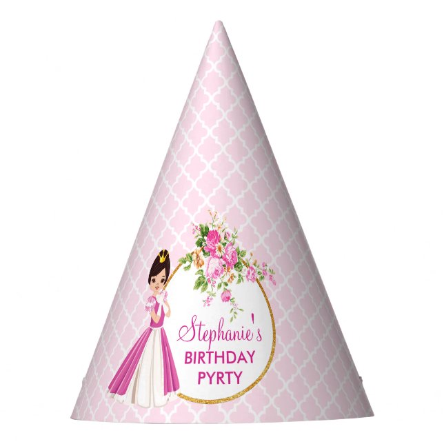 Pretty Brunette Princess Birthday Party Hat (Front)