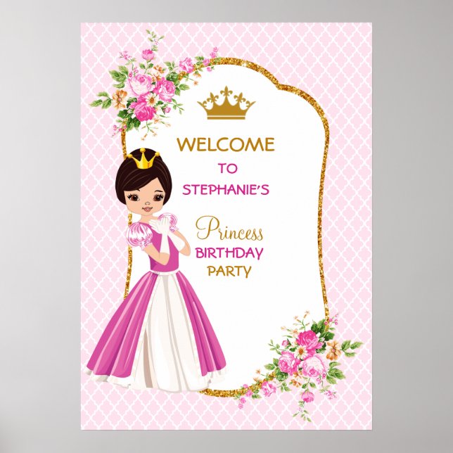 Pretty Brunette Princess Birthday Party Poster (Front)