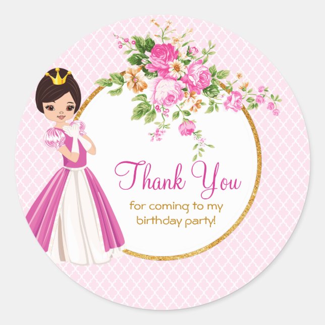 Pretty Brunette Princess Birthday Thank You Classic Round Sticker (Front)