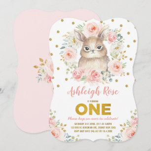 Pretty Bunny 1st Birthday Blush Pink Gold Floral Invitation
