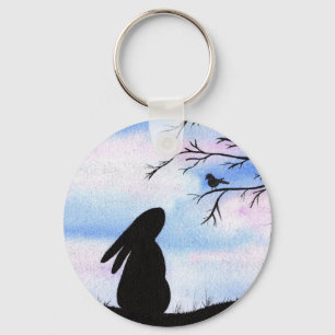 Pretty Bunny & Bird Watercolour Silhouette Key Ring