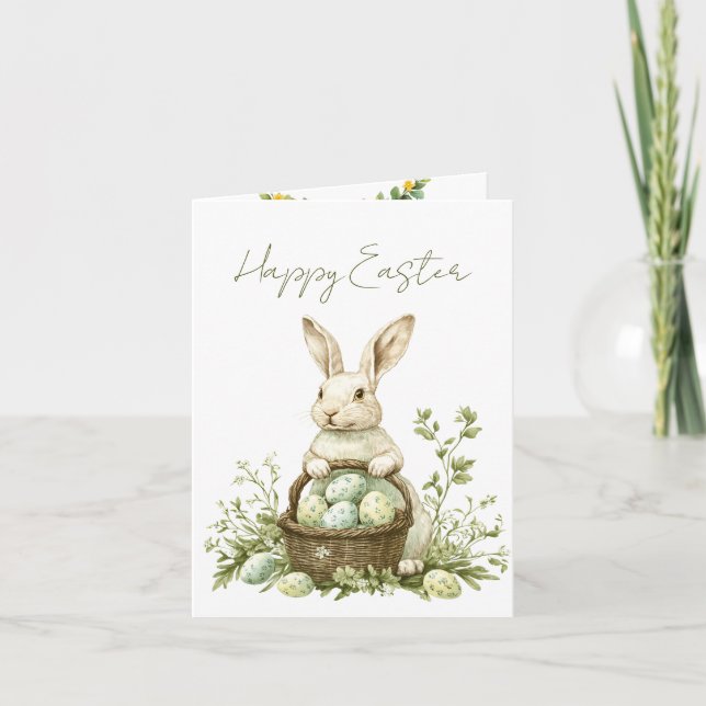 Pretty Bunny Watercolor Floral Easter  Holiday Card (Front)