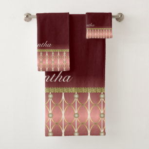 Pretty Burgundy And Gold Geometric Patterned Bath Towel Set