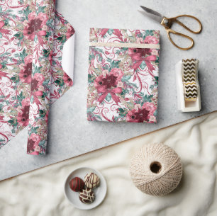 Pretty Burgundy And Green Christmas Flower Wrapping Paper