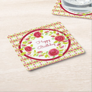 Pretty Burgundy and Pink Floral Designed Square Paper Coaster