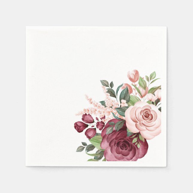 Pretty Burgundy and Pink Watercolor Flowers Napkin (Front)