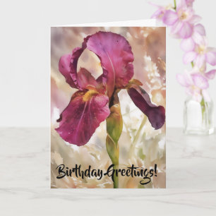 Pretty Burgundy Pink Iris Flower Art Birthday Card