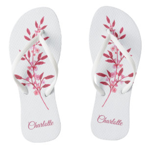 Pretty Burgundy Pink Watercolor Name Floral Thongs