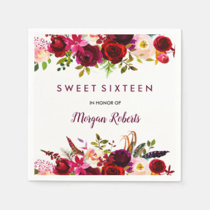 Pretty Burgundy Red Floral Sweet 16 Napkin