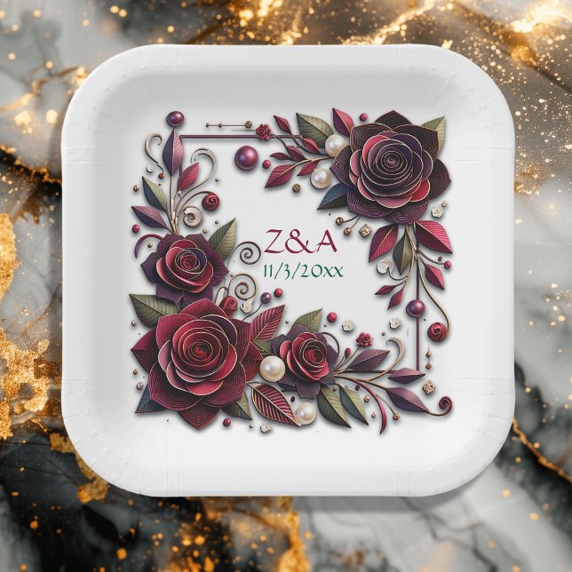Pretty Burgundy Roses Floral Monogrammed Paper Plate (Creator Uploaded)