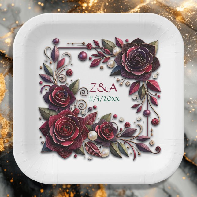 Pretty Burgundy Roses Floral Monogrammed Paper Plate (Creator Uploaded)