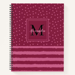 Pretty Burgundy Stripes And Dots Monogram Notebook