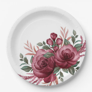 Pretty Burgundy Watercolor Flowers Paper Plate