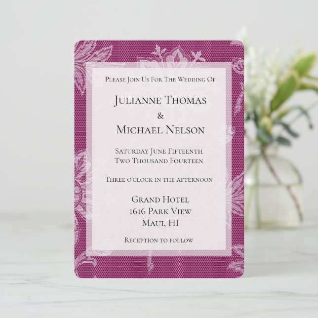 Pretty Burgundy Wine Lace Floral Romantic Wedding Invitation (Standing Front)