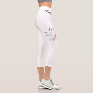 Pretty But Savage White Cat & Pink Rose Floral Leg Capri Leggings