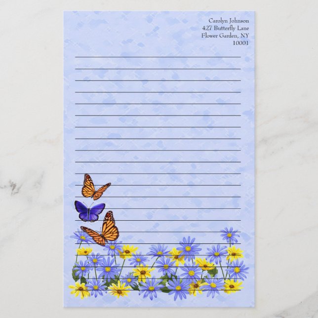 Pretty Butterflies and Daisies Spring Garden Stationery (Front)