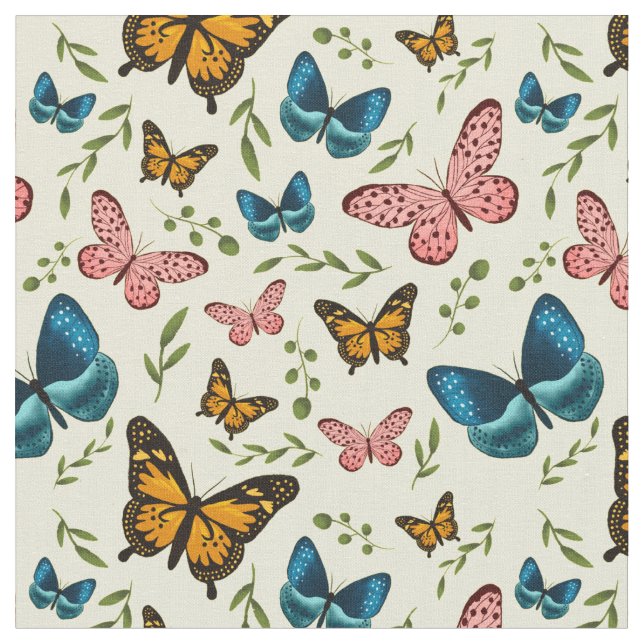 Pretty Butterflies Botanical Pattern Fabric (Close Up)