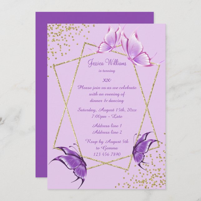 Pretty Butterflies, Glitter & Confetti Birthday Invitation (Front/Back)
