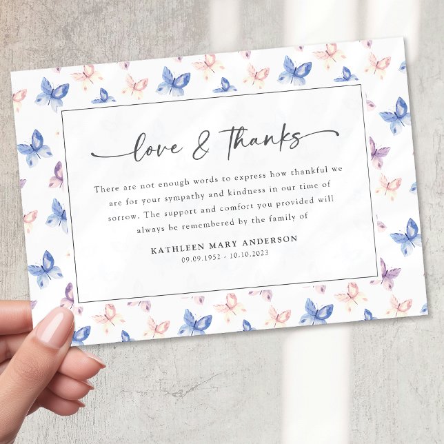 Pretty Butterflies Lilac Blue Sympathy Funeral Thank You Card (Creator Uploaded)