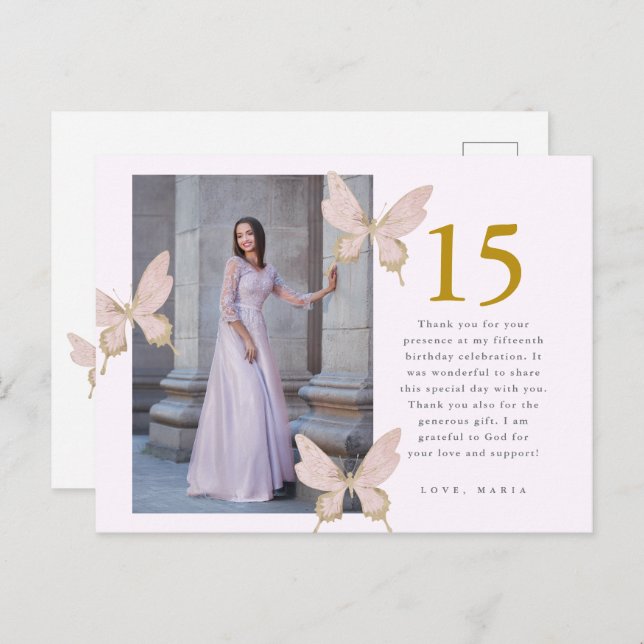 Pretty Butterflies Two Photo Quinceanera Thank You Postcard (Front/Back)