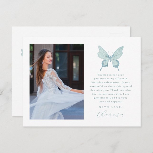 Pretty Butterfly Blue Photo Quinceanera Thank You Postcard (Front/Back)