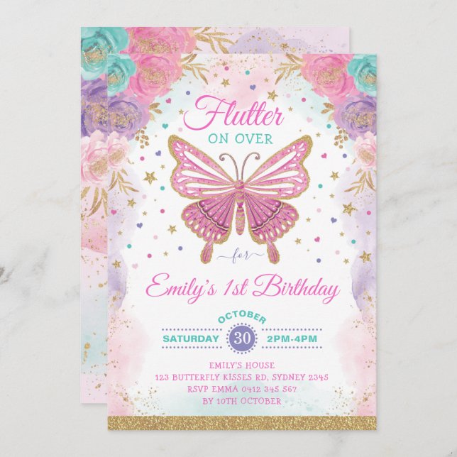 Pretty Butterfly Fairy Garden Floral Girl Birthday Invitation (Front/Back)