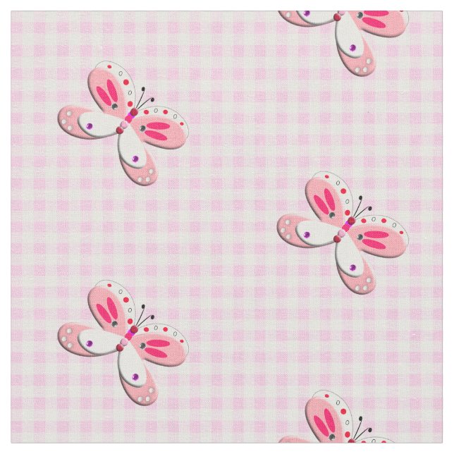 Pretty Butterfly Gingham Plaid Pink White Fabric (Close Up)
