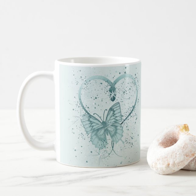 Pretty Butterfly, Heart and Paint Splatter in Teal Coffee Mug (With Donut)