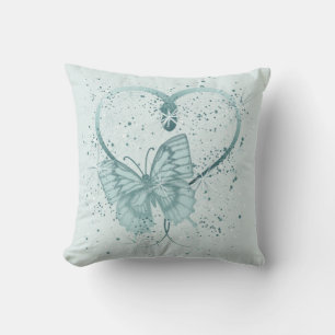 Pretty Butterfly, Heart and Paint Splatter in Teal Cushion