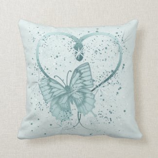 Pretty Butterfly, Heart and Paint Splatter in Teal Cushion
