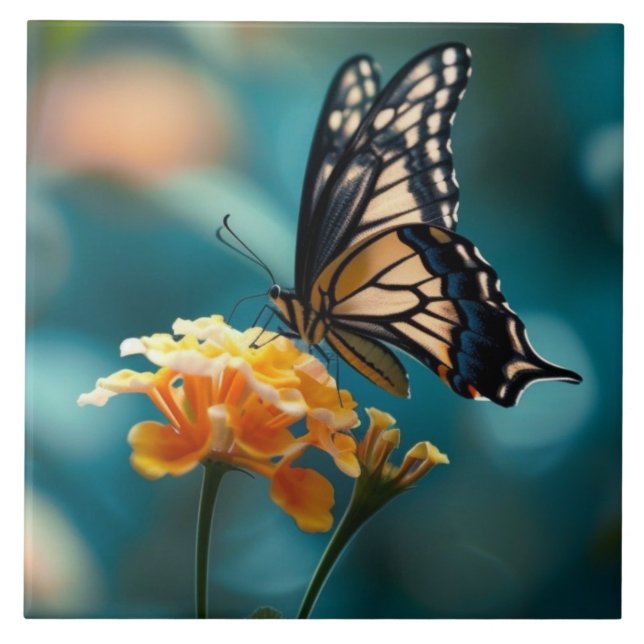 Pretty Butterfly on a Flower Ceramic Tile (Front)