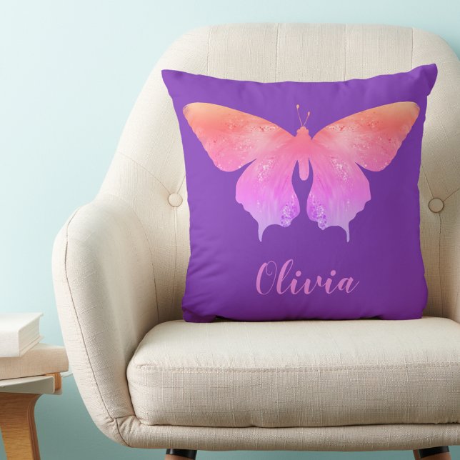Pretty butterfly pattern add name cushion (Pretty butterfly pattern custom name purple and pink pillow stylish typography girly cushion )