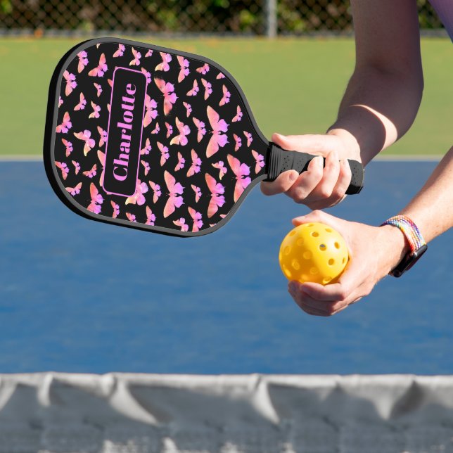Pretty Butterfly Pattern Monogram Name Pink Pickleball Paddle (Insitu)