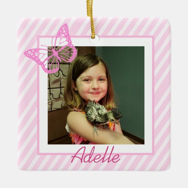 Pretty Butterfly Pink Girl's Photo Christmas Ceramic Ornament (Front)