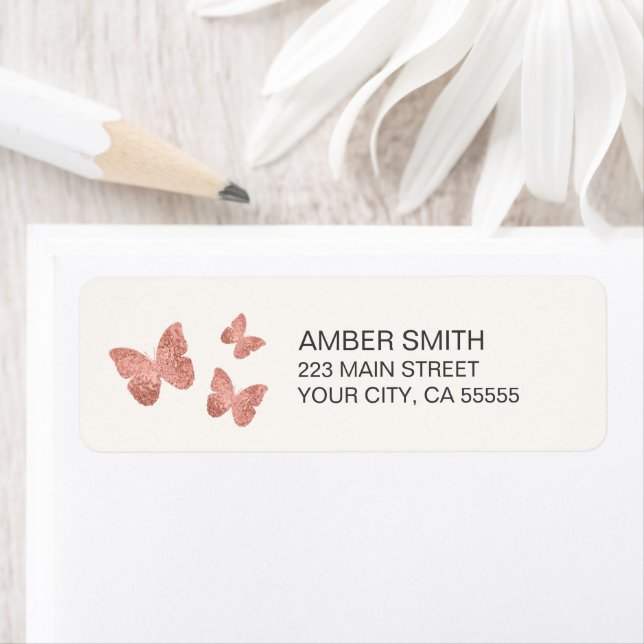 Pretty Butterfly Rose Gold Foil Nature Return Address Label (Insitu)