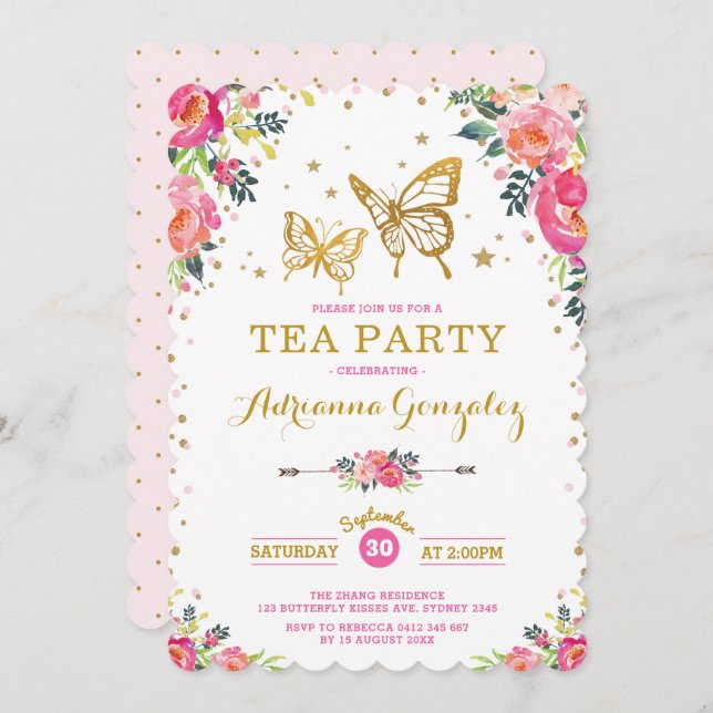 Pretty Butterfly Watercolor Floral Tea Party Invitation (Front/Back)