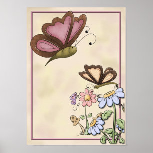 Pretty Butterfly with Pink & Blue Flowers Poster