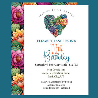 Pretty Cactus Heart 100th Birthday Invitation